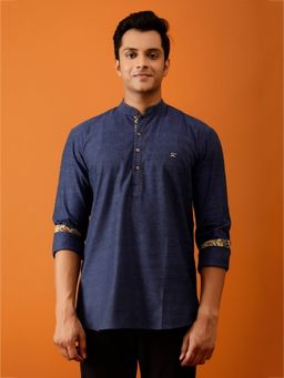 AAVYAM - Navy Blue Full-Sleeve Short Kurta