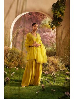 CHARU MAKKAR - Zoya Mustard Three Fourth Sleeves Chanderi Kurta with Gharara and Dupatta