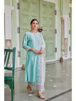CHARU MAKKAR - Aster Blue Three Fourth Sleeves Chanderi Kurta With Palazzo And Dupatta