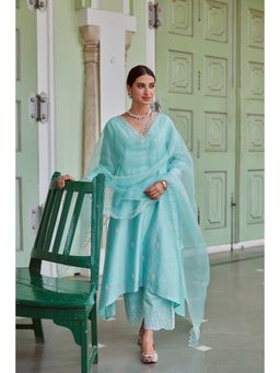 CHARU MAKKAR - Blue Three Fourth Sleeves Chanderi Silk Kurta with Palazzo and Dupatta