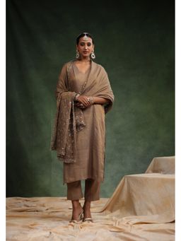 CHARU MAKKAR - Brick-O-La Three Fourth Sleeves Tissue Brown Kurta with Pant and Dupatta