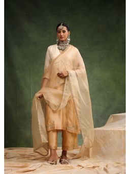 CHARU MAKKAR - Mehr Beige Ombre Half Sleeves Silk Kurta with Pant and Dupatta