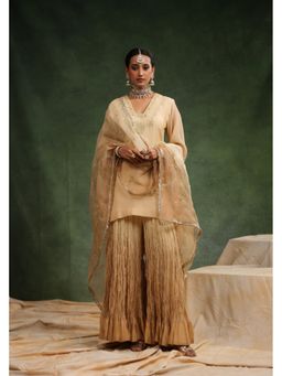 CHARU MAKKAR - Nude Romance Beige Three Fourth Sleeves Chanderi Kurta with Sharara and Dupatta