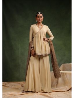 CHARU MAKKAR - Over The Beige Full Sleeves Muslin Silk Kurta with Sharara and Dupatta