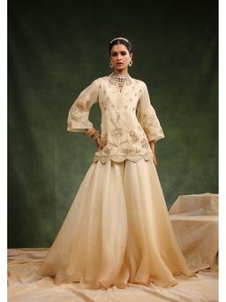 CHARU MAKKAR - Sugar Plum Beige Ombre Three Fourth Sleeves Satin Kurta with Sharara