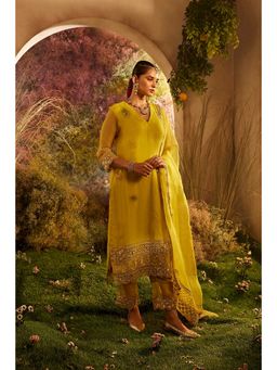 CHARU MAKKAR - Ada Mustard Three Fourth Sleeves Silk Kurta With Pant and Dupatta