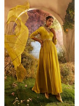 CHARU MAKKAR - Inaya Mustard Three Fourth Sleeves Silk Kurta with Dupatta