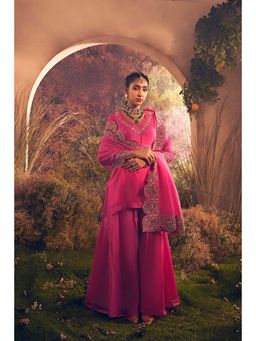 CHARU MAKKAR - Begum Hot Pink Three Fourth Sleeves Silk Kurta with Sharara and Dupatta