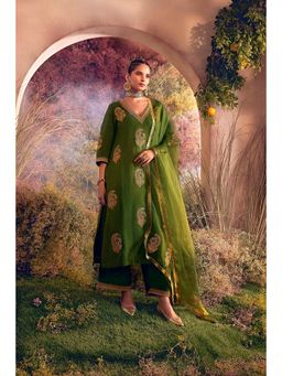 CHARU MAKKAR - Zaira Green Three Fourth Sleeves Linen Kurta With Pant And Dupatta