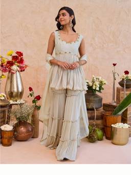 Taro India - Off White Haya Sharara with Pant and Dupatta