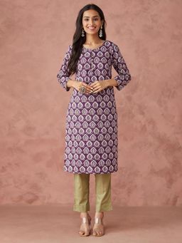 Fabindia - Avni Purple Cotton Printed Pant and Kurta (Set of 2)