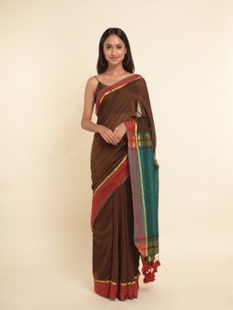 Suta - Brown Solid Cotton Blend Saree
