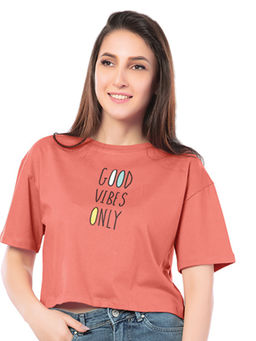 Juliet - Women Peach Good Vibes Oversized Cropped T-Shirt