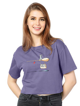 Juliet - Women Purple Unserviceable Cat Oversized Cropped T-Shirt