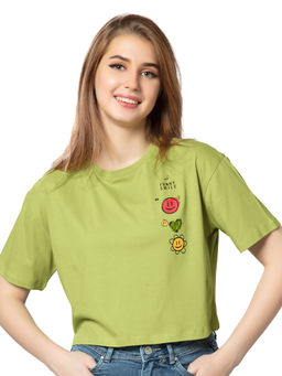Juliet - Women Green Giggles Oversized Cropped T-Shirt