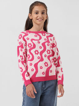 VERO MODA - Girls Floral Print Pink Sweater