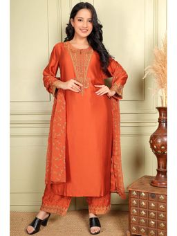 SAROJ - Rust Embroidered Kurta with Palazzo and Dupatta