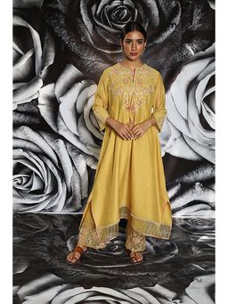 Label Niti Bothra - Mustard Applique Layered Anarkali with Palazzo and Dupatta