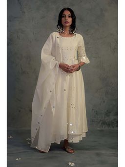 Charkhee - Off-White Pleated Anarkali with Palazzo and Dupatta