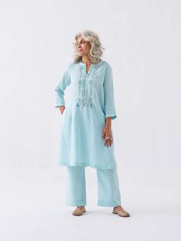 Vaaya - Fresh Aqua Pure Linen Cut-Fray Handwork Kurta with Pant
