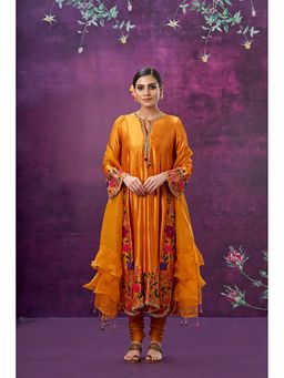 Label Niti Bothra - Mustard Floral Applique Long Kurta with Pant and Dupatta