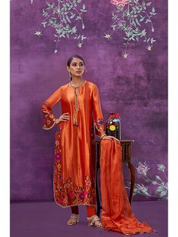 Label Niti Bothra - Orange Floral Applique Kurta with Pant and Dupatta