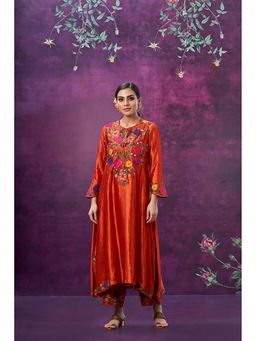 Label Niti Bothra - Orange Floral Applique Yoke Anarkali with Palazzo