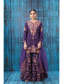 Label Niti Bothra - Purple Kairi Buta Full Jaal Kurti with Sharara and Dupatta