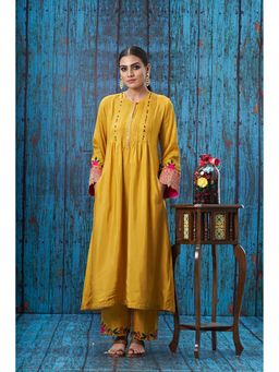 Label Niti Bothra - Mustard Applique Lotus Sleeves Anarkali with Palazzo