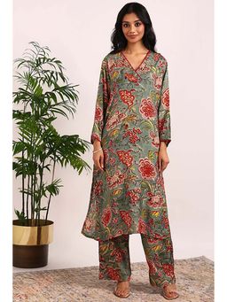 TAHILIYA - Green Floral Printed Muslin Silk Kurta with Pant Co-Ord's