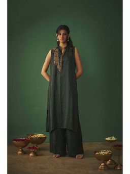 MEHAK MURPANA - Emerald Green Kurta Palazzo Set with Copper Gold Embroidery