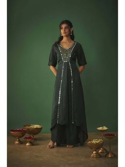 MEHAK MURPANA - Emerald Green Mirror Work Embroidered Kurta Palazzo Set