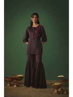 MEHAK MURPANA - Wine Embroidered Hi Low Kurta and Sharara Set