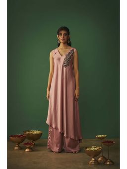 MEHAK MURPANA - Rose Pink Embroidered Asymmetrical Kurta and Palazzos Set