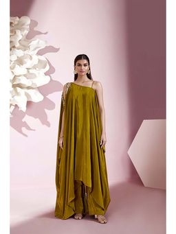 Qunic - Olive Flair Cape with Top and Palazzo Set