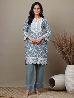 SAROJ - Grey Metallic Embroidered Kurti with Pant for Ethnic Wear