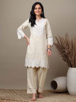 SAROJ - Cream Embroidered Kurta with Pant for Ethnic Wear