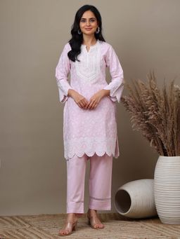SAROJ - Pink Embroidered Kurta with Pant for Ethnic Wear