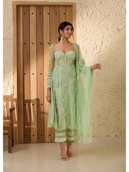 Saanjh by Lea - Fariha Green Embroidered Corset Anarkali Kurta with Pant and Dupatta