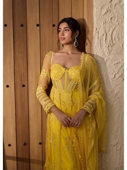 Saanjh by Lea - Fariha Yellow Embroidered Corset Anarkali Kurta with Pant and Dupatta