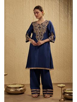 MEHAK MURPANA - Royal Blue Silk Chanderi Short Kurta Palazzos Set