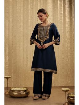 MEHAK MURPANA - Navy Blue Silk Chanderi Short Kurta Palazzos Set
