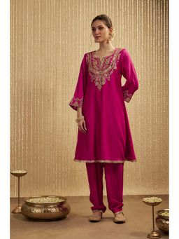 MEHAK MURPANA - Hot Pink Silk Chanderi Short Kurta Pants Set