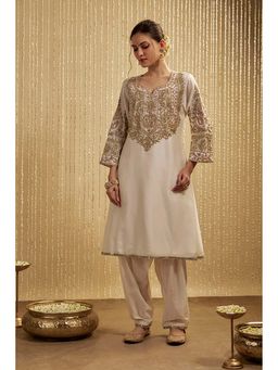 MEHAK MURPANA - Ivory Short Silk Chanderi Kurta Pants Set