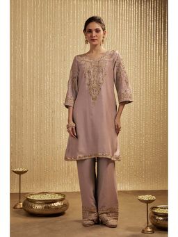 MEHAK MURPANA - Mauve Pink Silk Chanderi Short Kurta Palazzos Set