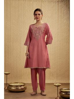 MEHAK MURPANA - Coral Pink Silk Chanderi Short Kurta Pants Set