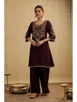MEHAK MURPANA - Wine Silk Chanderi Short Kurta Palazzos Set
