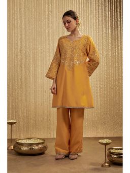 MEHAK MURPANA - Mustard Yellow Silk Chanderi Short Kurta Palazzos Set