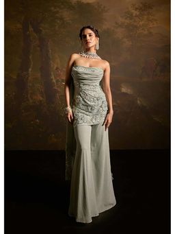 Saanjh by Lea - Nakhat Sage Green 3D Flower Embroidered Sleeveless Sharara Set