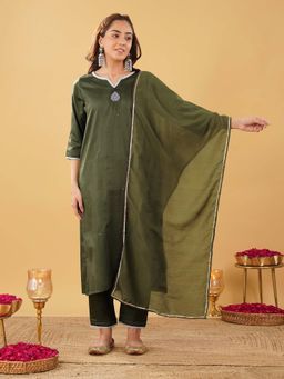 Zuri - Mehndi Green Silver Embroidered Kurta with Pant and Dupatta